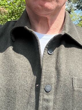 Men's Olive Shirt Jacket with MB-Stamped Buttons. Cashmere over shirt.